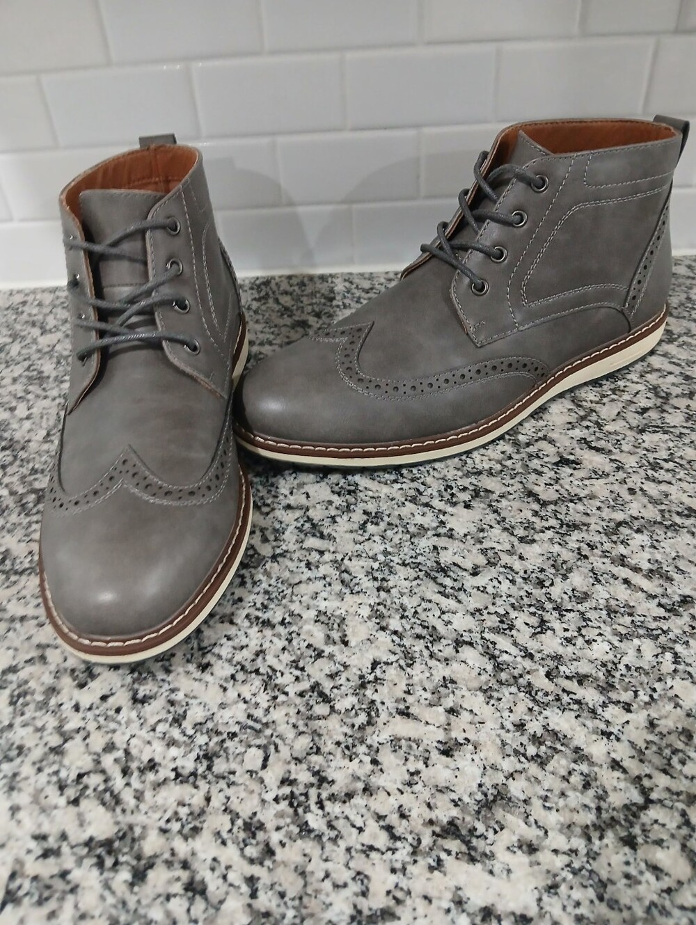 Men's Gray Wingtip Leather Lace-Up Boots